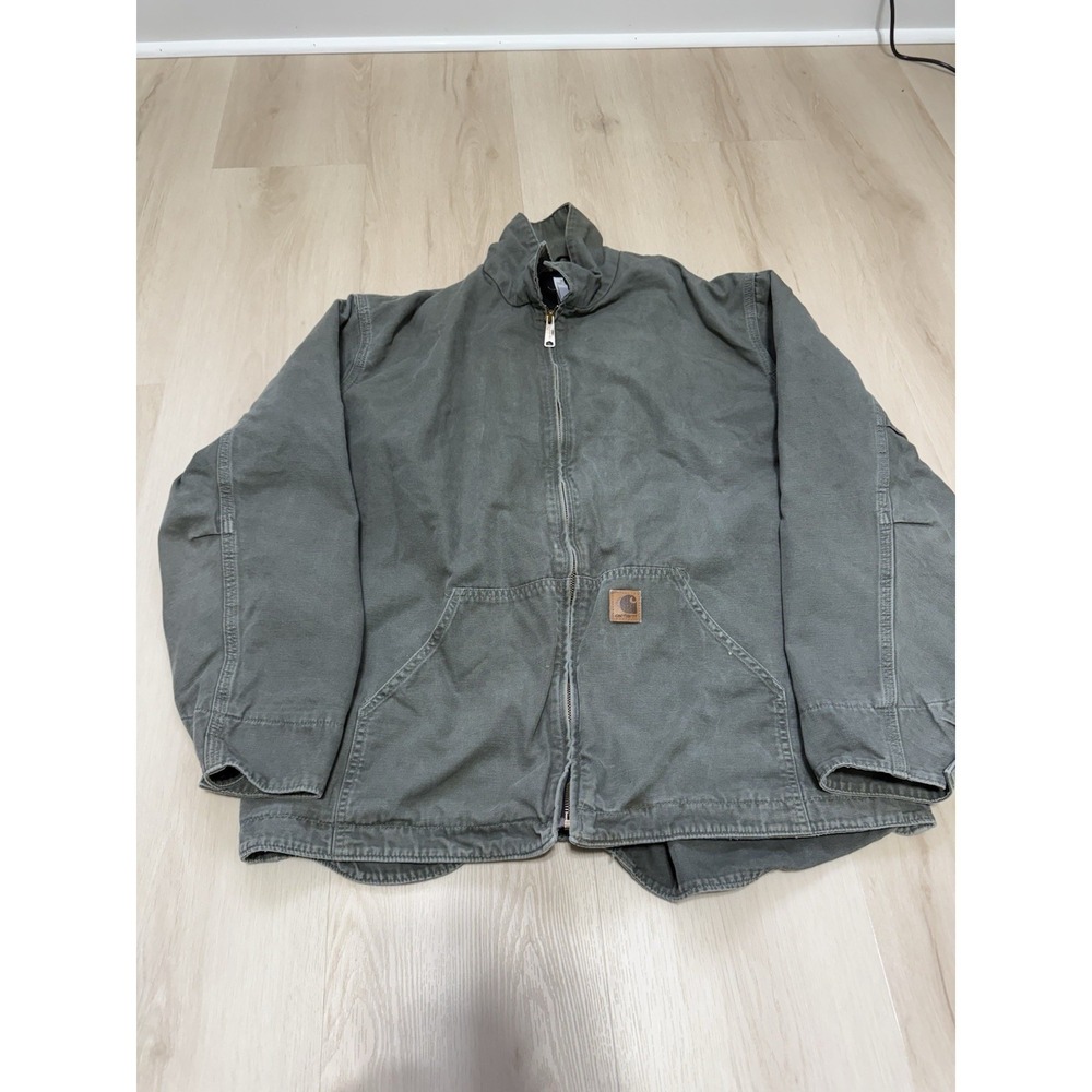 Carhartt Moss Green Full Zip Mid-Length Jacket Logo Zipper Men XL Lined Workwear
